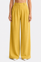 High Waist Wide Leg Trousers - Pleated - Yellow - front