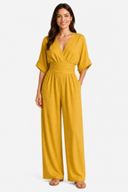 Women’s Relaxed Fit Wide-Leg Jumpsuit – Cinched Waist Style - Yellow - front